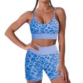 Conjunto de yoga sin costuras para mujer, 2 piezas, brasier deportivo de entrenamiento con pantalones cortos de cintura alta, traje de leggings JNINTH, azul (Leopard BLUE), XL