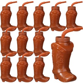 Hoolerry 12 Pcs Cowboy Boot Party Plastic Cups with Straws and Lids 10 Ounces Plastic Cowboy Cups for Western Themed Party Supplies and Rodeo Party Decorations (Brown)
