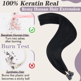 Benehair I Tip Hair Extensions, 100% Real Remy Human Hair Extensions, 16 Inches Stick Tip Keratin Hair Extension 1g/s, 50g/Pack Human Hair Extension for Thinning Hair Jet Black #1