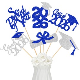 24Pcs 2026 Graduation Table Centerpieces Sticks Blue and Silver 2026 Graduation Centerpieces for Tables 2026 Class of 2026 Graduation Party Table Decorations Blue and Silver