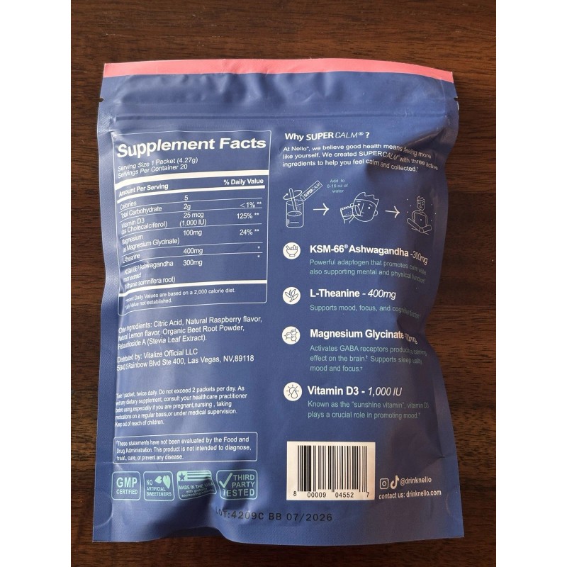 nello SUPER CALM Calming Drink Mix Raspberry Lemonade 20 servings