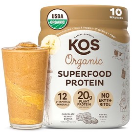 KOS Vegan Protein Powder, Chocolate Peanut Butter - Low Carb Pea Protein Blend, USDA Organic Superfood with Vitamins & Minerals - Keto, Soy, Dairy Fre
