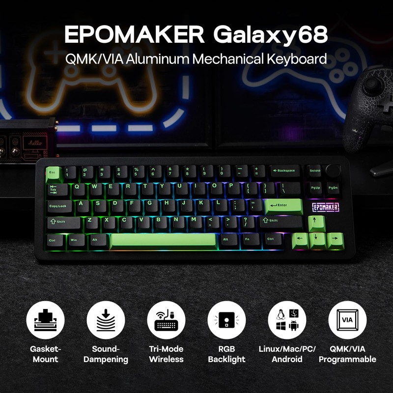 EPOMAKER Galaxy68 QMK/VIA Wireless Mechanical Keyboard, Anodized Aluminum, TOP/Gasket, 6000mAh,