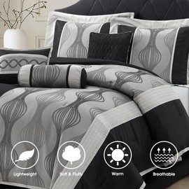 LANCO MODERN LIFESTYLE California King Comforter Set, Black Silver, 7 Pieces in a Bag, Jacquard with Solid Piecework, Luxury Bed Set with Comforters, Bed Skirt, Pillow Shams and Decorative Pillows