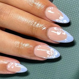 24pcs Blue French Tips Press on Nails Medium Almond Fake Nails Spring Glue on Nails White Flower Stick on Nails Full Cover Glossy Acrylic Nails Reusable Nude Pink False Nails for Women DlY Manicure