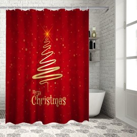 Merry Christmas Bathroom Shower Curtains, Golden Xmas Tree, Holiday Shower Curtain Set with Hooks, Glitter Red Fabric Bathroom Curtains, Waterproof Farmhouse Bathroom Decor, 72x72inch