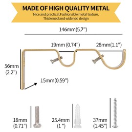 Ycolnaefllr Set of 3 Golden Double Rod Holders Double Curtain Rod Brackets Double Curtain Rod Hanging Brackets for 1 and 0.7 -Inch Rod