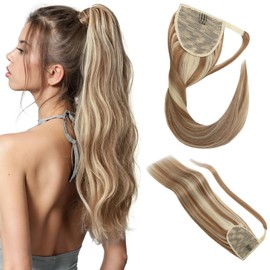 S-noilite Ponytail Extension Human Hair Balayage Clip in Wrap Around Ponytail Hair Extension Binding Ponytail Hair Piece 100% Remy Human Hair Straight 16 Inch (#12/613 Golden Brown/Bleach Blonde)