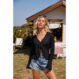 GRACE KARIN Women's Cardigan Long Sleeve V-Neck Elegant Lightweight Cardigan Bolero Jacket Cardigan with Tie Front, black