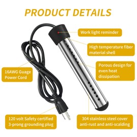 2000W Immersion Water Heater,LISTENJIALE Submersible Water Heater with 304 SS Guard,Bucket Heater with LCD Thermometer Heat 5 Gallons of Water in Minutes,Immersion Water Heater for Bathtub
