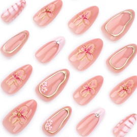 Press On Nails, Summer Flower Fake Nails, Cute Design Floral Stick On Nails, Short Square Almond Ballet Shape Glue on Nails on 24PCS (Short Almond Nude)