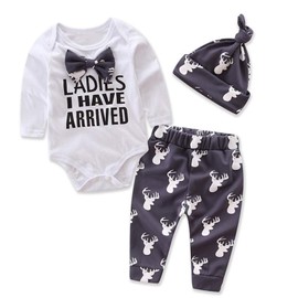 Trsenvrml Infant Baby Boy Clothes Newborn Set Long Sleeve Letter Print Bowtie Romper + Deer Pants + Hat Suit (White, 12-18 Months)