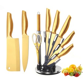 Gold Knife Set，8Pcs Gold Titanium-Coated Stainless Steel Kitchen Knife Set with Black Acrylic Knife Holder,Super Sharp Chef Knife Set with Ergonomical Handle