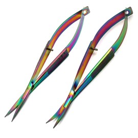 Pack of 2 Pieces Multi Color Rainbow Castroviejo Scissors 4.5" Straight & Curved Stitch Cutting Embroidery Spring Action Extra Sharp by OdontoMed2011