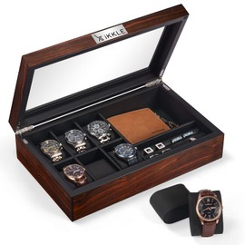 Luxury Wooden Watch Box for Men - 6-Slot Display Case With Real Glass Top - Jewelry Organizer for Sunglasses, Cufflinks, Rings, Brooches
