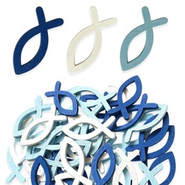 PYRUVAE 100 Pezzi Pesciolini in Legno per Decorazioni Battesimo Comunione e Cresima - Eleganti Segnaposto e Centrotavola per Tavolo, Addobbi per Festa Bimbo, Colori Bianco Azzurro e Blu Scuro, 40g