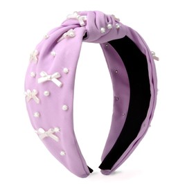 Uintoon Purple Headband Bow Pearl Knotted Headbands for Women Girls Cute Fashion Wide Headbands for Women Non Slip Hairbands Head Bands for Women's Hair Bow Hair Accessories