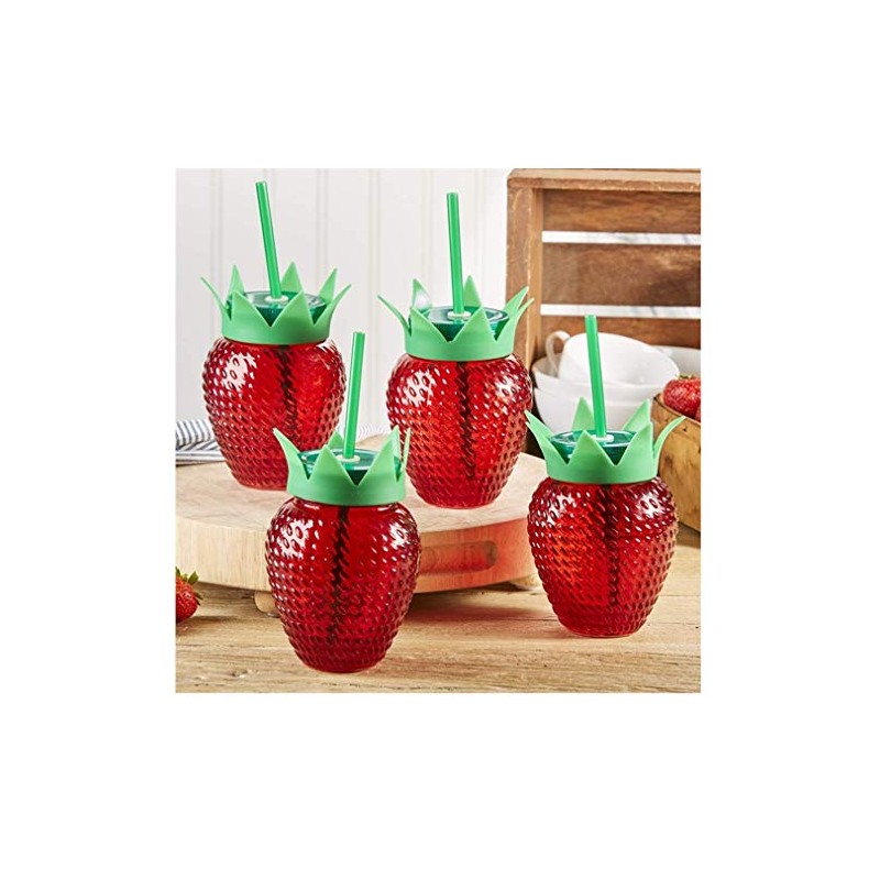 Two's Company Strawberry Drinking Glasses with Lids and Straws, Set