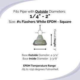 Flashers #1 White EPDM Square Base Flexible Roof Jack Pipe Boot Metal Roofing Pipe Flashing (Pipe OD 1/4" to 2") - 100% Made in The USA