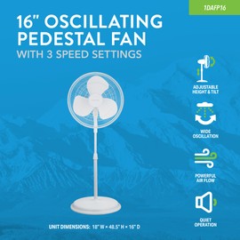 DENALI AIRE 1DAFP16 16" Oscillating Pedestal Fan with 3 Speed Settings, Adjustable height and tilting head, Wide angle oscillation, White
