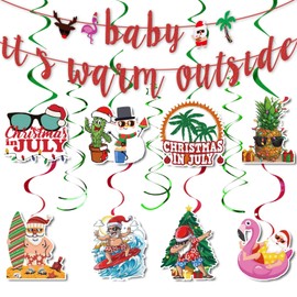 Christmas in July Banner and 16 Pcs Hanging Swirls, Christmas in July Decoration Indoor Outdoor, Beach Santa Holiday Party Christmas Party Supplies, Christmas Decor for Photo Booth Props