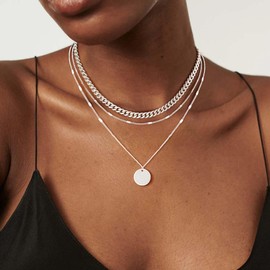 Layered Silver Necklaces for Women,Sterling Silver Stackable Stack Necklaces for Women Trendy Layering Simple Coin Pendant Chain Choker Necklace Set Gold Jewelry Gifts