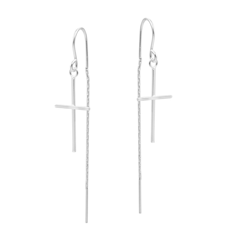 Slim Cross Ear Thread Slide .925 Sterling Silver Dangle Earrings