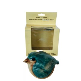 Chickadee Figurine Porcelain Bird vtg Hand Painted Lapel MIC 1970s box NIB blue