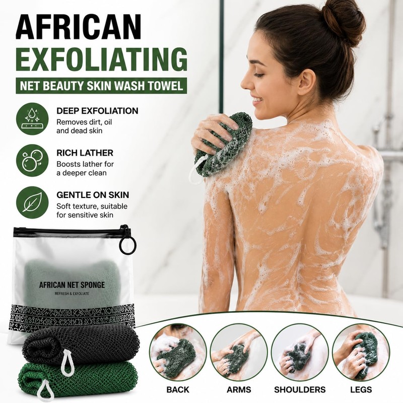 2 Pcs African Net Sponge, Exfoliating Mesh Body Scrubber for