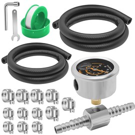 Langina 0-100Psi Fuel Pressure Gauge Kit, 1/8" NPT Fuel Pressure Gauge, 100psi Liquid Filled Pressure Gauge with 5/16" and 3/8" Fuel Line Hose, 304SS 2-Way 5/16" to 3/8" Barb Hose Fitting