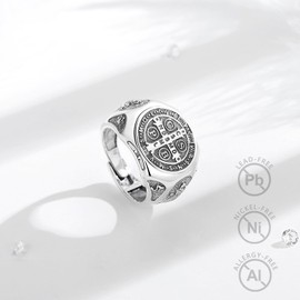EUDORA S925 Sterling Silver St Benedict Ring San Benito Rings for Women Men, Vintage Saint Benedict Amulet Adjustable Ring Christian Catholic Jewelry Gifts for Women Mens Mother Father