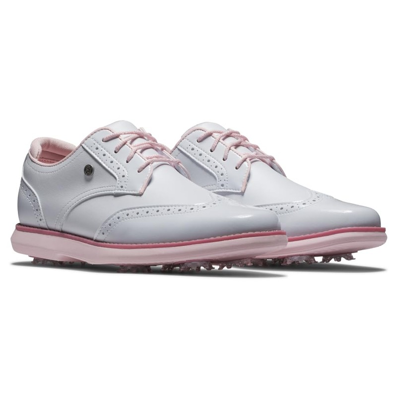FootJoy Women's Traditions Shield Tip Golf Shoe, White/White/Pink, 8