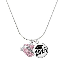 Delight Jewelry Silvertone Mom Banner on Pink Crystal Heart Script Class of 2025 Dome Charm Necklace, 18"