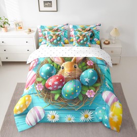Manfei 7 Pieces Easter Kids Comforter Set Twin Size, Cute Rubbit Bedding Set for Boys Girls Room Decor, Colorful Eggs Flower Print Bed in a Bag with Comforter, Fitted Sheet, Top Sheet and Pillowcases