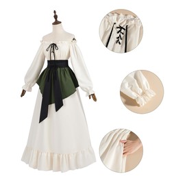 FCCAM Medieval Clothing Women's Victorian Dress White Off Shoulder Dress Paired with Green Apron Medieval Dress Medieval Costume Women, White 1396, XXL