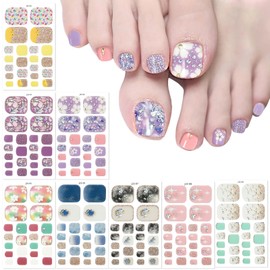Flowers Toe Nail Wraps Stickers 3D Self Adhesive Semi Cured Gel Toenail Strips Decals Design Glitter Nail Polish Strips Supplies Flower Star Marble Nail Stickers Full Nail Wraps for Women 8 Sheets