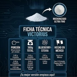 Creatina Monohidratada Sabor BlueBerry en Polvo | Suplemento Alimenticio para Bebida | Fórmula con Estevia | Fácil Disolución | 6 g por Porción | Uso 