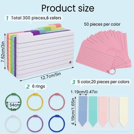 300 Pcs Flash Cards Colorful Lined Flash Cards Revision Tabs Revision Cards with Binder Rings Lined Index Cards for a Wide Range of Settings for Home Office School Single Sheet 5 x 3 Inch