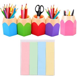5 Pack Lovely Pencil Tip Design Pencil Pot Set Desk Organiser Stationery Storage Home Office Desk Tidy Organisers + 400 PCS Colorful Mini Sticky Notes Category Label
