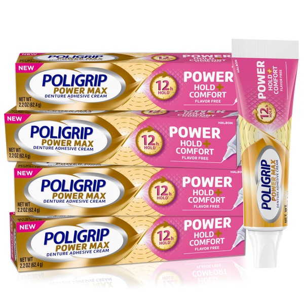 Poligrip Denture Adhesive, Power Max Hold Plus Comfort Denture Adhesive Cream, 2.2 Ounces (Pack of 4)