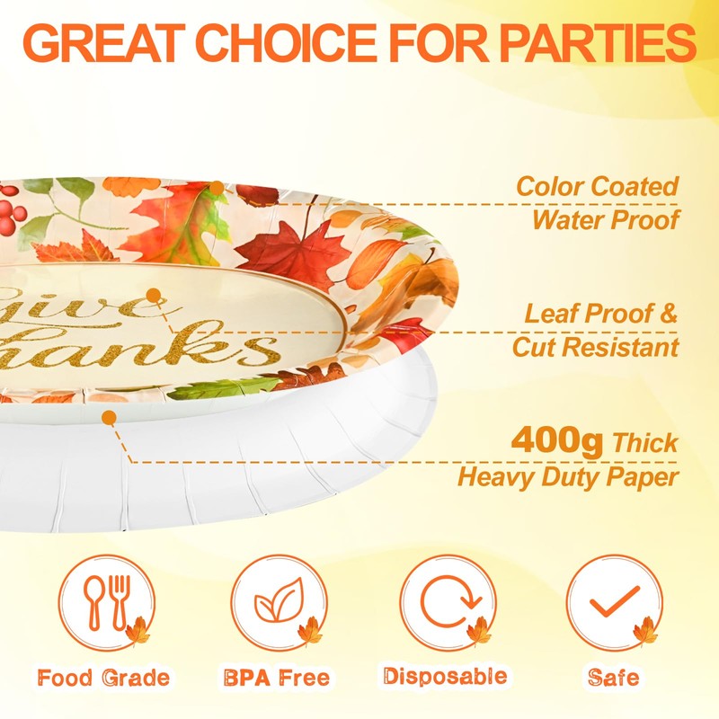 50 PCS Thanksgiving Oval Paper Plates Disposable, Fall Paper Plates,