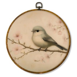 Hiuwevt Vintage Bird Round Wall Art Decor, Retro Rustic Bird Framed Canvas Prints, Farmhouse Cottagecore Floral Round Wall Hanging Decor for Home Bedroom Living Room Decorations, 10x10 Inches