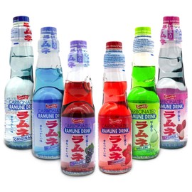 Shirakiku Ramune Japanese Soda Variety Pack | Japanese Marble Soda in Multiple Flavors | Original, Strawberry, Melon, Lychee, Grape, Blueberry - 6.76 fl oz Bottles - Pack of 6