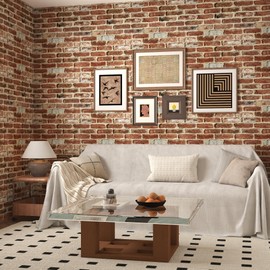 Theper Red Brick Wallpaper Peel and Stick Wallpaper Vintage 17.3"×393" Brick Textured Waterproof Self Adhesive Removable Wallpaper for Bedroom Fireplace Brick Contact Paper for Cabinets Home