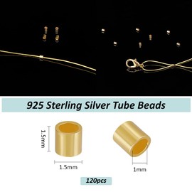 BENECREAT 120Pcs Gold Tube Crimp Beads,925 Sterling Silver Tube Beads, 1.5x1.5mm Bead Stopper Tube Column Stoppers for Secure The Ends of Jewelry Stringing Wires and Cables, Hole: 1mm