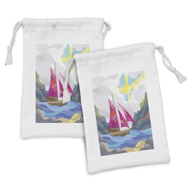 Ambesonne Modern Fabric Pouch Set of 2, Sun Sky Clouds Sail Boat on the Sea Vitray Style Fractal Landscape Funky Picture, Small Drawstring Bag for Toiletries Masks and Favors, 9" x 6", Multicolor