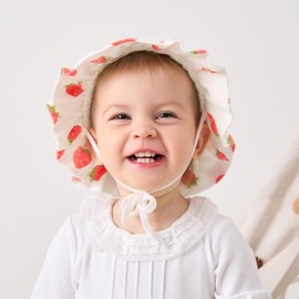 pureborn Baby Girl Sun Hat Bucket Hats Cotton Outdoor Beach Sun Protection Cap with Straps White Strawberry 6-12 Months