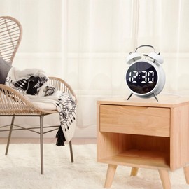Justup Alarm Clock, Digital Alarm Clock with Large LED Display, Quiet Round Decorative Small Mini Analogue Modern Clock, Digital Clock with Date Display and Temperature Display, USB Power Connection