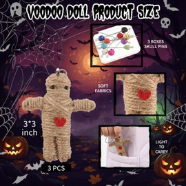 Poen 3 Pcs Voodoo Dolls Horror Doll with 30 Skull Pins, Christmas Stuffing Decoration Funny Inspirational Positive Ornaments Gifts for Friend Coworkers New Year Halloween Party Supplies(Hemp Rope)