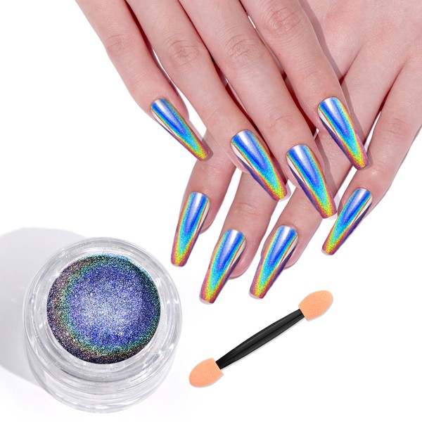 Saviland Trency Chrome Nail Powder, 1g Holographic Silver Magic Mirror Powder Pigment Manicure With Sponge for Starter DIY Home Use/Nail Art Salon
